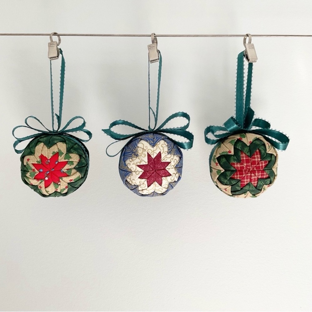 Handmade Quilted Star Christmas Ornaments Set of 3 • Fabric Folded Balls